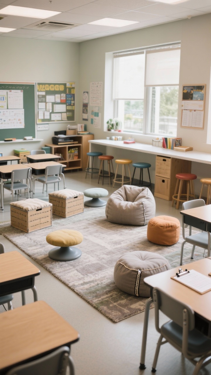 Wide shot of a flexible seating layout without clutter: traditional desks mixed with a few alternatives. Show low options like floor cushions and wobble cushions around a soft rug with clipboards; mid options like stools at a counter-height table and storage crates with cushion tops; and a single small beanbag or chair in the reading corner (only one). Include washable fabrics and a visible zip-off cushion cover. Balanced, natural classroom light, organized and inviting, photorealistic.