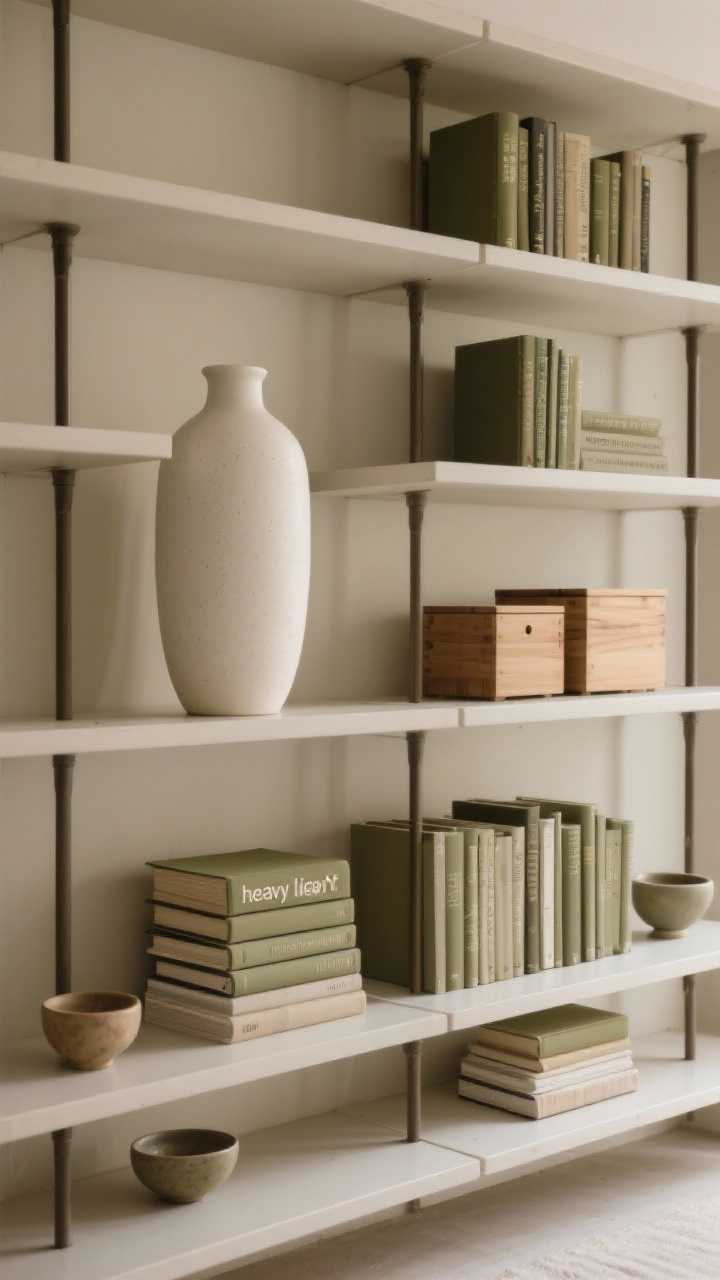 Wide shot of a full shelving unit demonstrating balanced asymmetry: left side holds a tall off-white ceramic vase; right side balances with two medium items stacked—a wood box atop a book stack; groups arranged in odd numbers (3s and 5s) across shelves; alternate “heavy” and “light” rows to create visual rhythm; an accent color—soft olive—repeated in three spots (small bowl, book spine, tiny vase) for color balance; shot straight-on with even daylight; overall composition feels visually even but not mirrored.