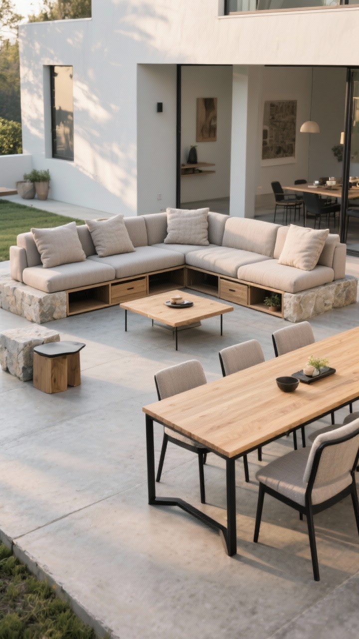 Wide shot of a functional, airy lounge-dining zone: low-slung modular sectional in performance fabric arranged on a concrete terrace, narrow rectangular dining table with armless chairs to keep sightlines open; finishes limited to powder-coated black frames, light oak table surface, and stone accents; benches with storage and nesting side tables nearby; cushions in solid neutral tones with subtle texture, no busy patterns; late afternoon natural light for a gallery-like, uncluttered vibe.