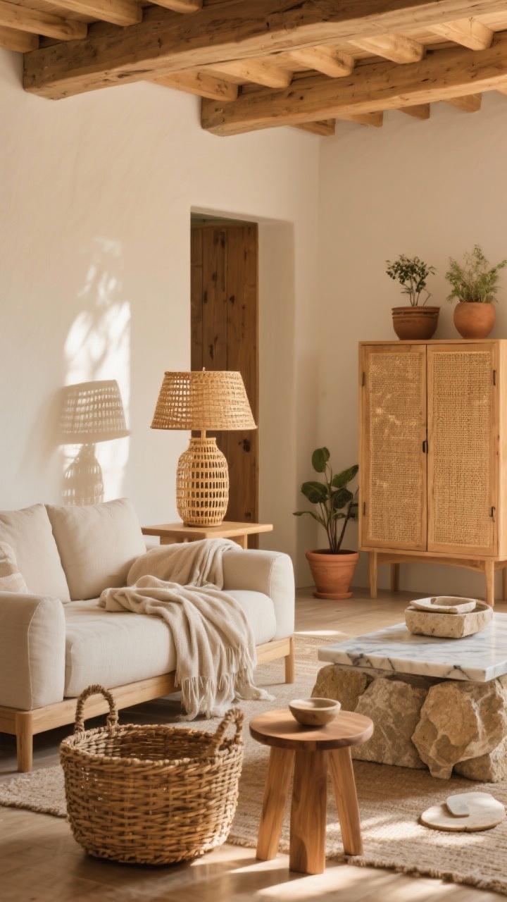 Wide shot of a living area warmed with natural materials: rattan baskets by the sofa holding lightweight throws, a rattan table lamp casting soft woven shadows, a cane-front cabinet paired with a small solid wood side table, and stone accents like a marble catchall, travertine coasters, and terracotta planters; mix of light woods with one or two deeper tones to balance; golden afternoon light enhancing textures.
