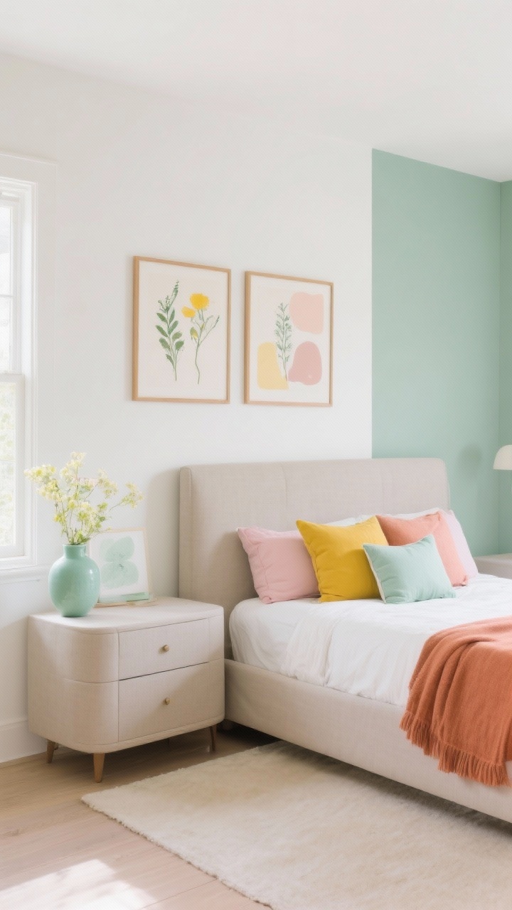Wide shot of a serene bedroom showcasing a fresh spring color palette: walls in warm white with one muted sage accent wall; big furniture in sandy beige and greige tones; pops of buttery yellow, dusty rose, mint, and terracotta in pillows and a throw; lightweight art swapped in—botanical sketches and abstract pastel prints in simple wood frames; colors repeated in threes (e.g., mint pillow, mint ceramic vase on dresser, mint accent in art) for cohesion; soft, natural daylight, balanced and not overly pastel; photorealistic.
