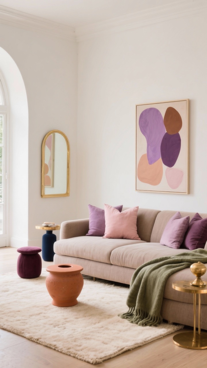 Wide shot of a serene living room showcasing a glowing feminine color palette: warm white walls, creamy beige rug, taupe linen sofa with dusty rose and lavender pillows, terracotta ceramic stool, sage throw, and warm brass accents; an abstract artwork in mauve and clay tones above the sofa; champagne-gold framed arched mirror reflects soft light; small accents in deep wine and midnight blue for contrast; overall warm, inviting glow; straight-on view, photorealistic.