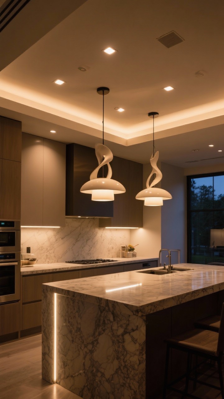 Wide shot of layered kitchen lighting: dimmable ambient recessed lights casting a warm 2700–3000K glow, bright under-cabinet LED strips illuminating the counters, and a pair of sculptural pendants over the island as the statement; balanced exposure showing task zones clearly; island with subtle reflections on a stone countertop; overall warm, flattering light—never clinical; no people, realistic night-evening ambiance.