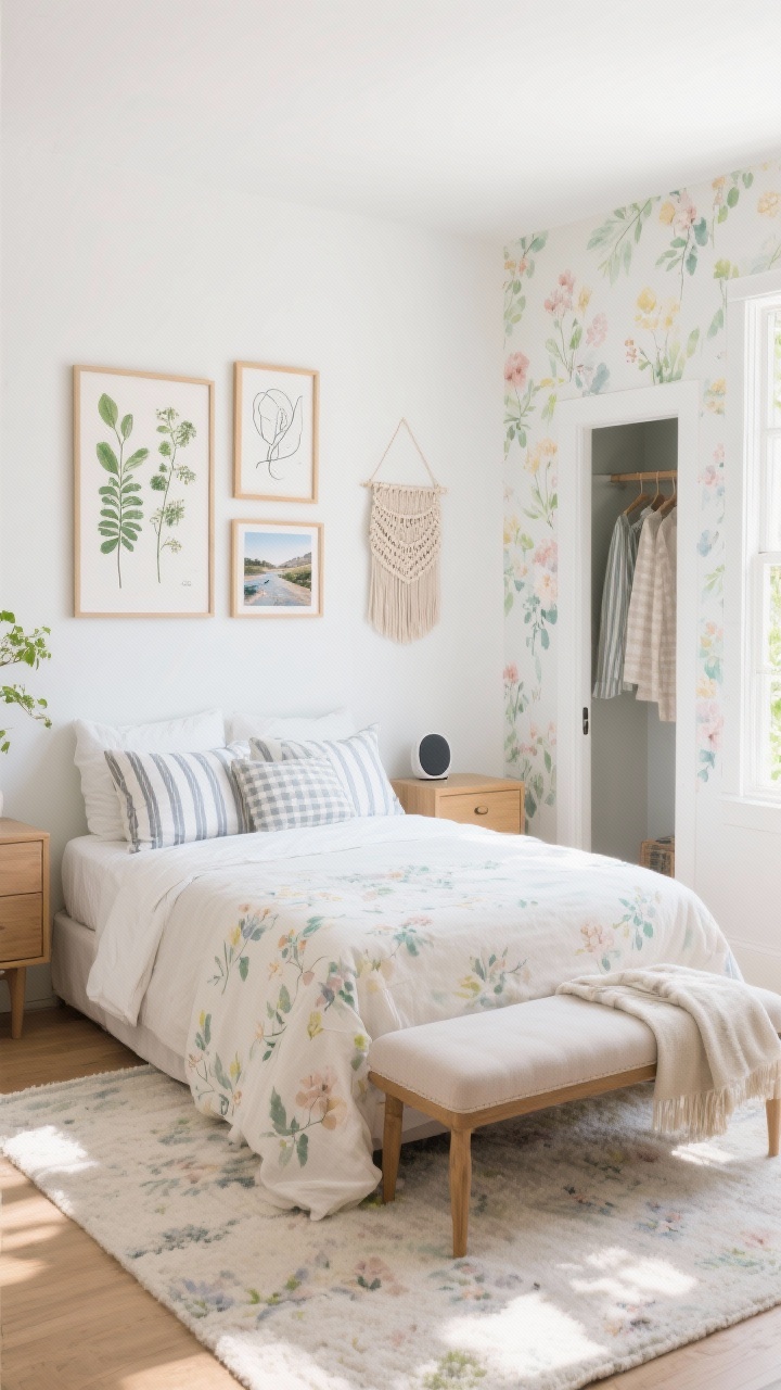 Wide shot showcasing personality with spring-ready art and soft decor: a mini gallery wall above the bed featuring botanical prints, minimalist line drawings, and a travel photo in simple wood frames, plus a small woven wall hanging; a removable wallpaper accent inside an open closet nook in a soft watercolor floral; bed finished with linen and seersucker pillow covers in thin stripes, micro-gingham, and gentle watercolor florals; a light-toned area rug grounding the room; an upholstered bench at the foot of the bed with a casually tossed throw; a tiny Bluetooth speaker on the dresser; bright, cheerful daylight; photorealistic.