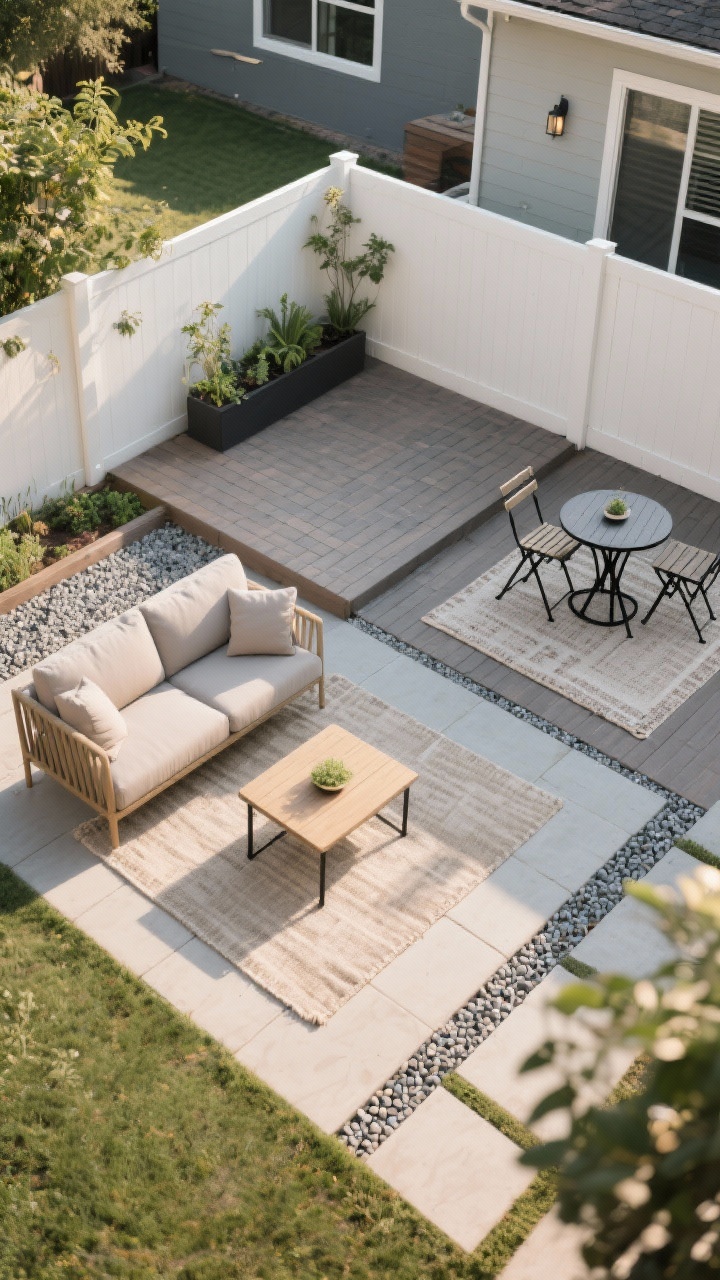 Wide shot, small backyard divided into zones: a 6x8 patio styled with clear layout. A cozy lounge area with a neutral outdoor rug anchoring a compact loveseat and low table, and a separate mini dining nook with a second rug under a black metal bistro table and two folding chairs. Furniture is floated off the fence, not pushed to edges. Subtle surface changes mark zones: pea gravel in the dining corner and deck tiles or pavers in the lounge. Include a tiny herb corner in planters. Warm late-afternoon natural light, modern, intentional, no people, photorealistic, straight-on view emphasizing the “defined zones” concept.