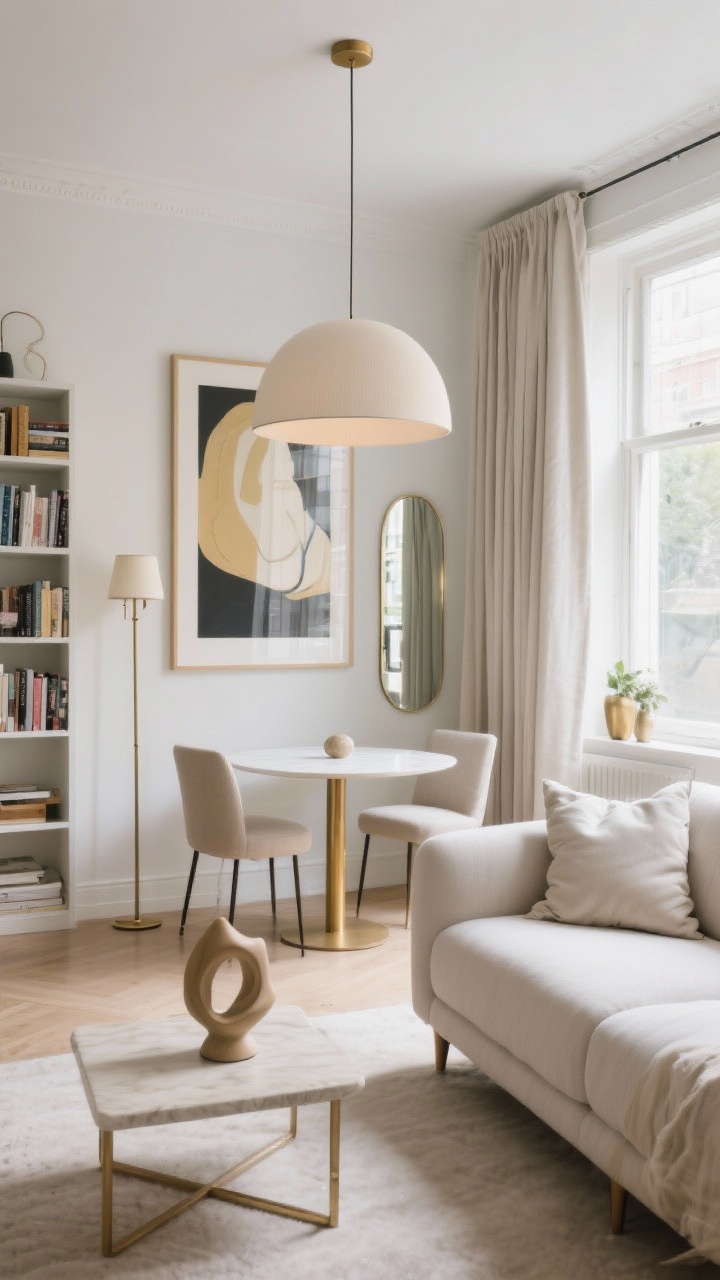 Wide shot — Small living-dining combo playing with scale: one oversized statement art print above a leggy sofa, an overscale pendant light centered over a petite dining table, tall slim floor lamps flanking a bookcase, and full-length drapery hung high to elongate the ceiling; furniture on slender legs revealing airy floor space; a mirror placed across from a window to bounce light; balanced proportions using rule-of-thirds art placement and near-symmetry with matching pillows plus one quirky sculptural object on the coffee table; calm neutrals with subtle brass accents; bright but soft daylight; photorealistic, no people.