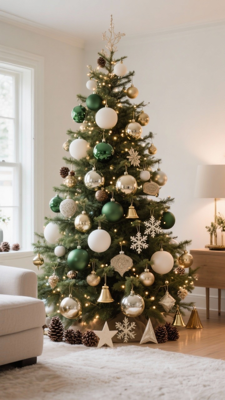 Wide shot, straight-on: A living room scene with the tree mid-decoration focusing on ornaments arranged in trios and tiers. Foundational ornaments (20–30 matte, gloss, and mercury-glass balls in ivory, forest green, and soft champagne) are placed deeper in the branches; 12–18 oversized feature ornaments and sentimental pieces sit forward; 15–25 fillers like small stars, snowflakes, pinecones, and little bells are sprinkled throughout. Placement shows loose triangle repetition around the tree and varied hang heights, some tucked midway and some low. Ornament hooks match the metallic accent (matte brass), with delicate pieces secured using thin floral wire. Warm ambient glow from the tree lights; room lighting kept minimal.