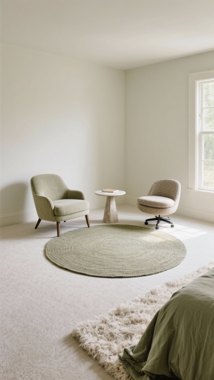 Wide shot, straight-on view: A bedroom reading corner visually anchored by a 5-foot round rug under two chairs and a small round table; the rug pulls a muted color from the bedding (dusty sage) and contrasts with light wall-to-wall carpet; one chair is a stationary upholstered lounge chair, the other a low swivel; textures mix with a flatweave rug under the swivel and a fluffy shag runner nearby; soft afternoon light, calm and intentional zoning.