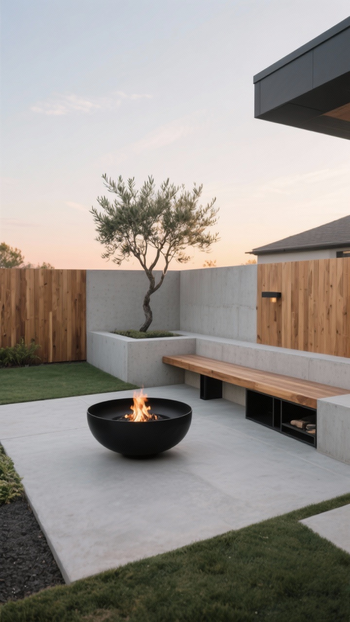 Wide shot, straight-on view of a minimalist backyard edited to near-empty, featuring one dramatic focal point: a sleek matte-black fire bowl centered on a concrete terrace, framed by clean cedar fencing and a long, low concrete-and-cedar bench that doubles as art; materials limited to concrete, cedar, and matte black metal; built-in storage bench with hidden seams keeps clutter invisible; soft sunset natural light emphasizes clean lines and structure; overall calm, modern mood with intentional negative space and a single sculptural olive tree as an accent.
