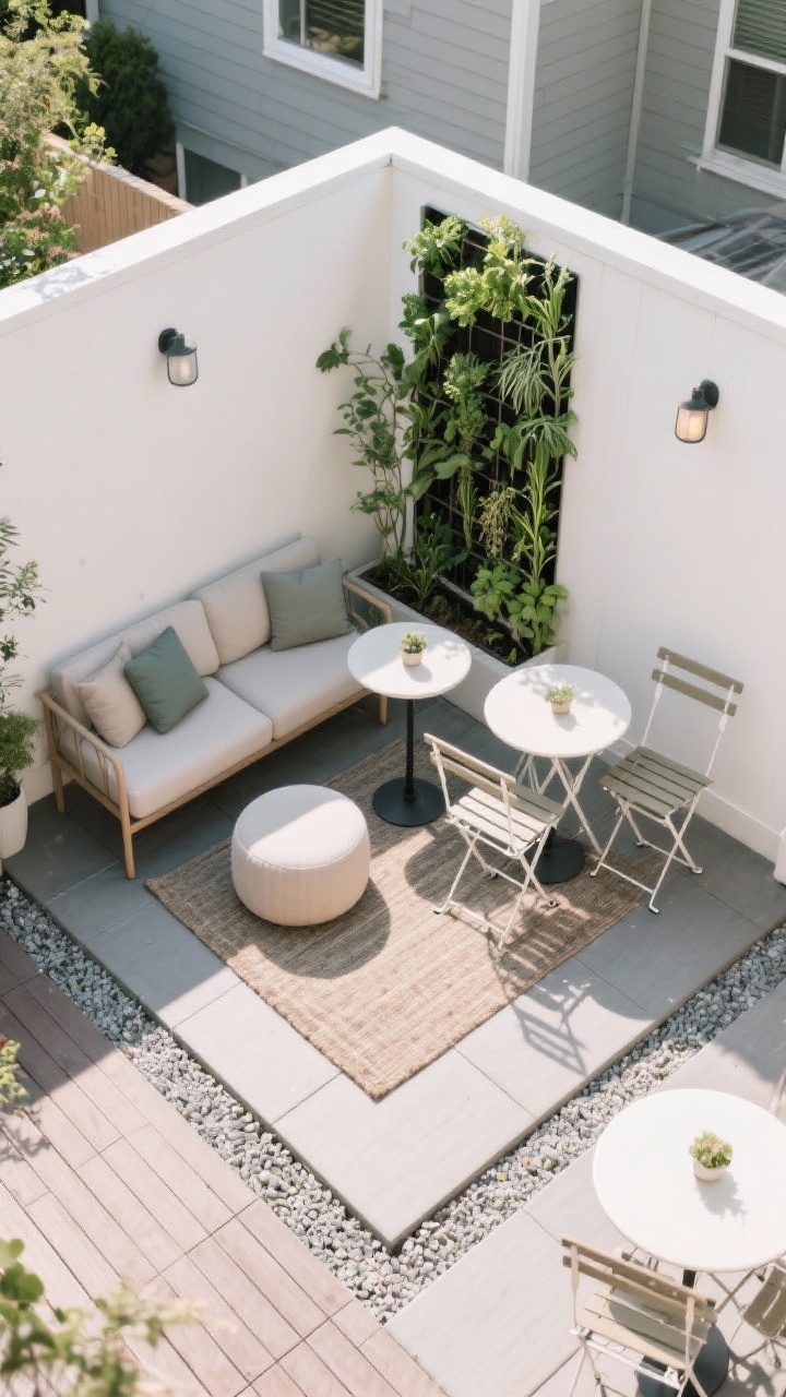 Wide shot, tiny 8x8 patio zoned like a designer: a compact outdoor space divided into three micro-zones. Lounge nook with a slim, exposed-leg loveseat and round ottoman, a tiny round bistro table with two foldable chairs in the dining corner, and a vertical planter wall with herbs and trailing plants as the green pocket. An outdoor rug anchors the lounge, while adjacent deck tiles define the dining area; a small strip of light gravel outlines the planter wall. Round tables keep traffic flowing. Natural daylight, straight-on view, no people, photorealistic.