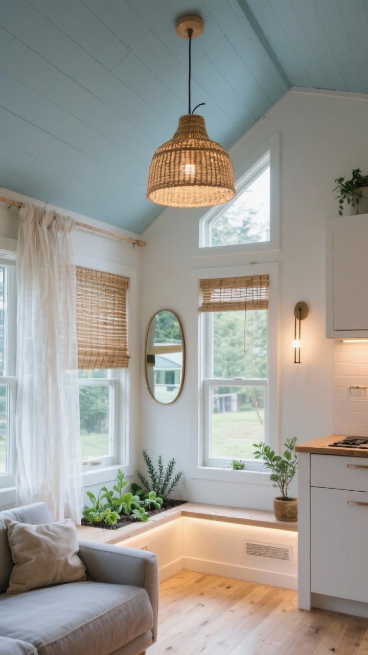 Wide shot: Tiny house living space celebrating windows and light—large windows dressed in sheer, airy curtains, a bamboo shade partially rolled; a mirror placed opposite a window to bounce daylight and extend the view; layered lighting with a rattan pendant overhead, slim wall sconces, and warm under-cabinet light strips in a nearby kitchenette; ceiling painted a whisper blue-gray to feel higher; small herb garden (rosemary, mint, basil) on the window ledge; serene, expansive ambiance, photorealistic.