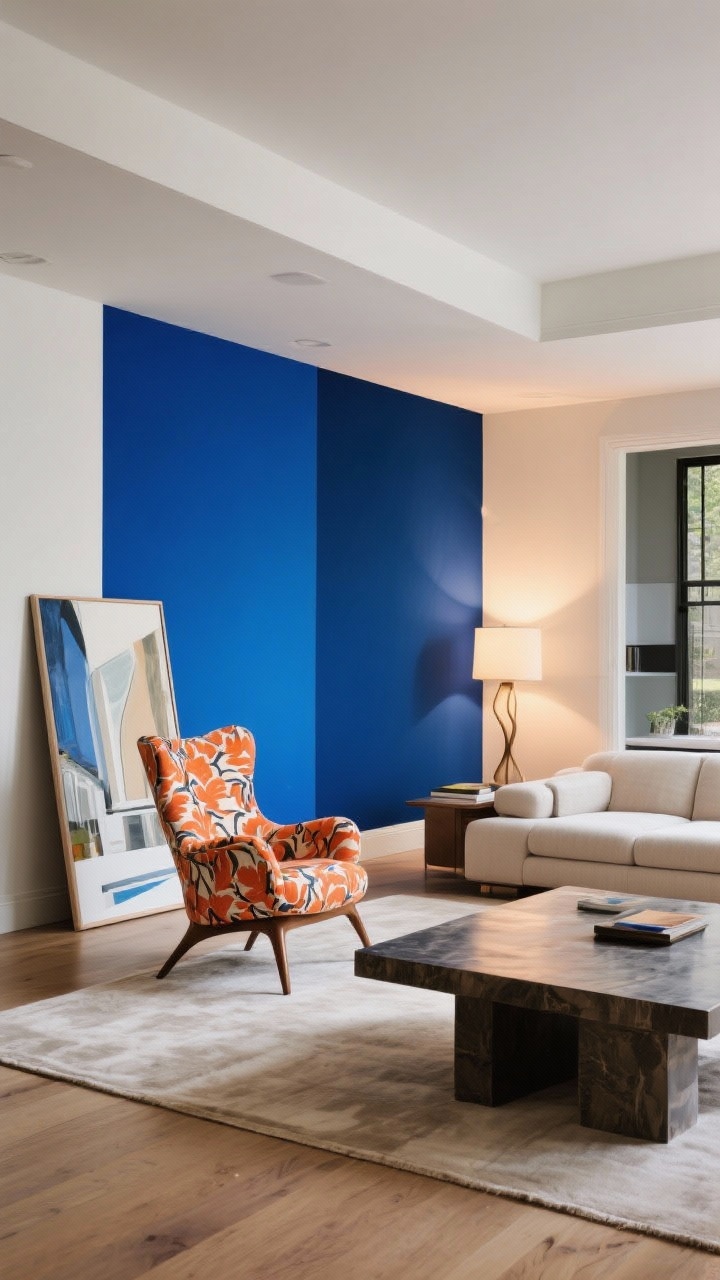 Wide shot with a “wow” factor: A living room featuring a bold color-blocked wall treatment in saturated sapphire and warm white, complemented by a sculptural vintage chair reupholstered in a wild coral patterned fabric and an oversized coffee table. Include an oversized canvas leaning on the floor like architectural art. Keep surrounding furniture neutral and supportive. Dramatic accent lighting highlighting the feature, photorealistic.