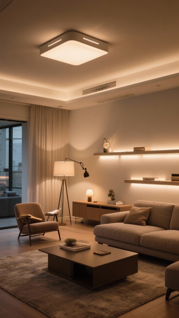 Wide shot with lighting layers: A living room demonstrating layered lighting for depth. Ambient: a stylish flush or semi-flush ceiling fixture on a dimmer casts an even glow. Task: a floor lamp by a reading chair and a plug-in swing-arm sconce near the sofa. Accent: backlit shelves, a small lamp on the console, and subtle LED strips under a floating media unit. Place lights at varied heights to create shadows and contrast; warm, inviting mood without people.