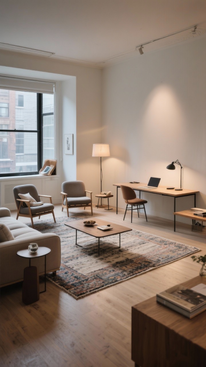 Wide shot with zones: A single living room organized like a studio apartment using rugs, lighting, and orientation instead of walls. Left side: conversation zone with sofa and 2 chairs facing each other across a coffee table on a shared rug. Near the window: a reading nook with a small lounge chair, floor lamp, and side table. Behind the sofa: a slim “sofa table” desk with a task lamp forming a work pocket. Consistent color tones across all zones for cohesion; soft, layered lighting.