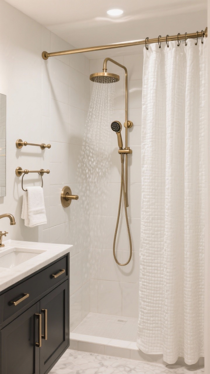 Wide shower and vanity scene highlighting instant luxe upgrades: a rainfall showerhead and a handheld sprayer with multiple modes in a coordinated finish (choose one finish: brushed brass, matte black, or polished nickel) matching the faucet, towel bars, hooks, and cabinet pulls; an extra-long white waffle weave shower curtain with a weighted liner hung from smooth roller-ball metal hooks; clean, modern tile and cohesive hardware gleaming under soft ambient light; no people, photorealistic.