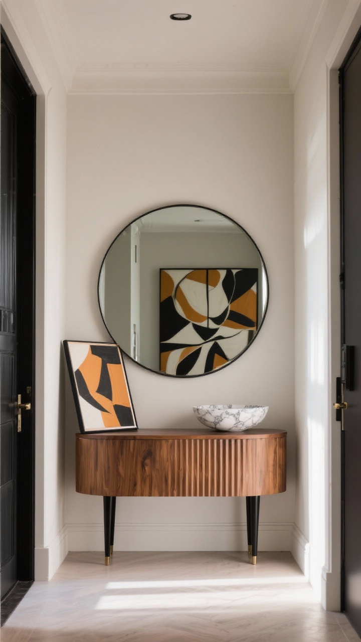 Wide, straight-on photorealistic entryway featuring a bold statement moment: a giant oversized round mirror above a slim fluted-wood console (12–14 inches deep) with black metal legs; single large punchy abstract art piece leaning on the console; marble bowl as accent; narrow space layout with clean walls, muted neutral palette with warm wood and black accents; soft natural daylight creating a subtle glam reflection without people.