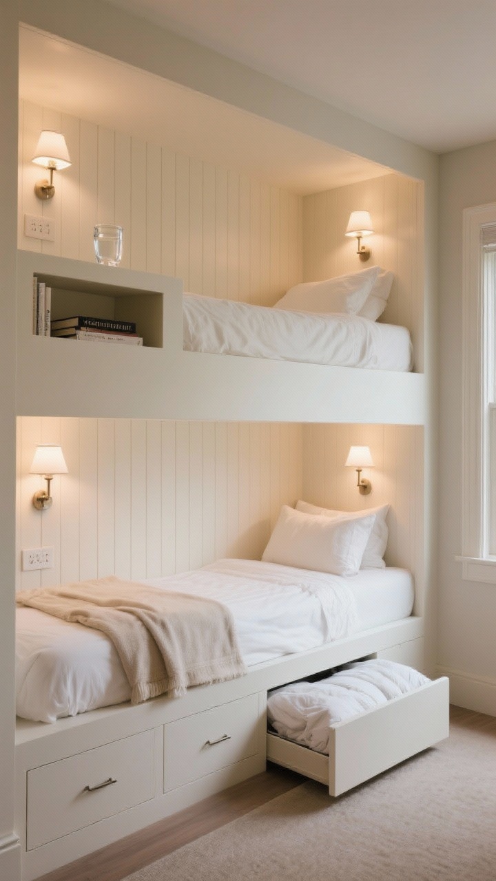 Wide, straight-on shot of a built-in, wall-to-wall bunk bed unit spanning an entire small bedroom wall, painted matte warm white with vertical beadboard paneling on the bunk walls for texture; each bunk has an integrated recessed niche with a book, a water glass, and a small hardwired sconce light with individual switches; base of the unit includes deep drawers and one lift-up platform panel slightly ajar revealing stored duvets; coordinated hotel-chic linens in crisp white with a soft neutral throw; clean lines, no gaps to the wall or ceiling; soft evening lighting from the sconces plus subtle ambient glow for a cozy, bespoke look.