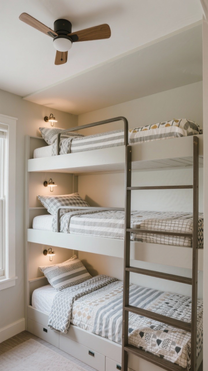 Wide, straight-on shot of a compact bedroom with a triple-bunk stack on one side and a small ceiling fan above for ventilation; low-profile 6–8 inch mattresses to maximize guardrail height; each bunk has a small sconce or clip light for personal illumination; coordinated bedding in a single palette with varied patterns (stripes, checks, and small geometrics) for a collected look; clear headroom to the ceiling (30–36 inches from top mattress); calm, evenly lit scene emphasizing safety and comfort.