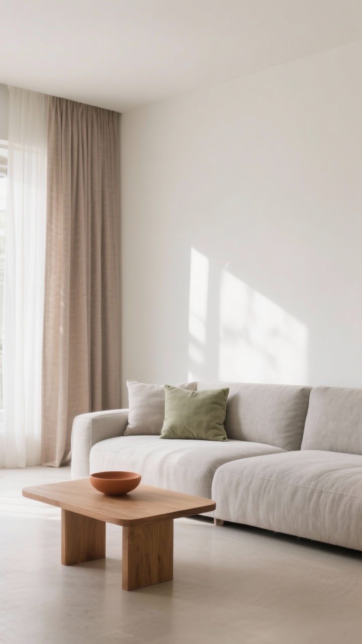 Wide, straight-on shot of a minimalist living room bathed in soft natural light, featuring a quiet color story: off-white walls, warm beige textiles, misty gray sofa cushions, and gentle taupe curtains. Include a subtle sage accent via a small throw pillow and a muted terracotta ceramic bowl on a low-profile wood coffee table. Low-contrast tones throughout, light-reflective finishes, clean surfaces, and an airy, serene mood with no harsh shadows.
