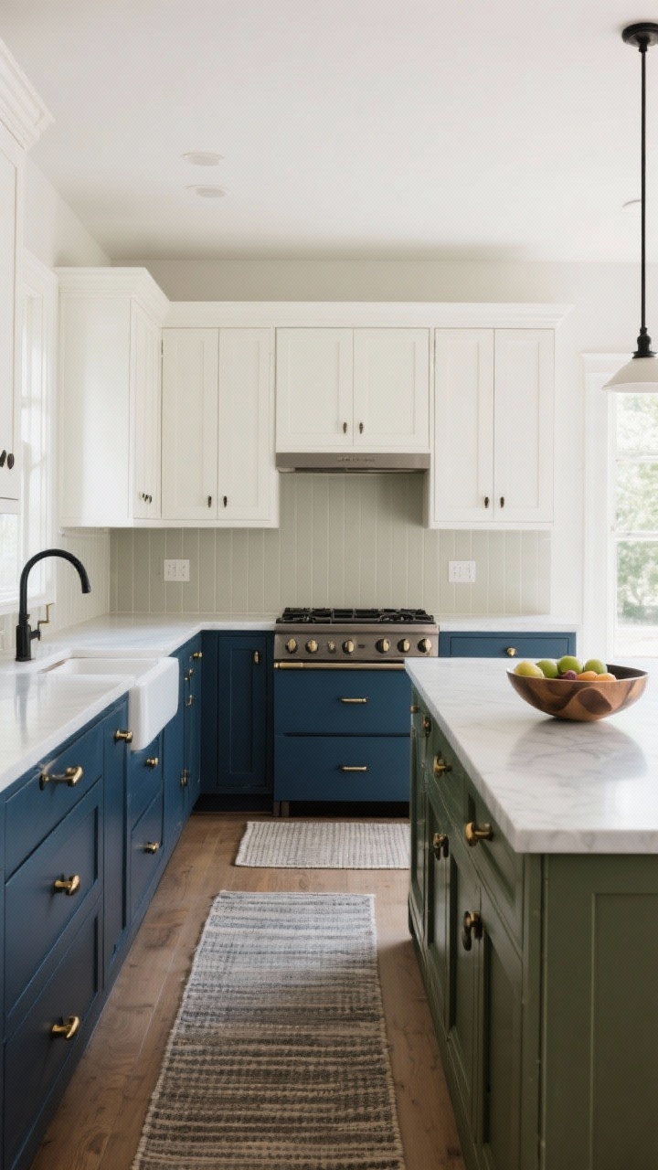 Wide, straight-on shot of a refreshed kitchen without renovation: lower cabinets painted a deep ink blue or olive, upper cabinets in soft white or greige for airiness, and the island in a standout contrasting color; new hardware mixing sleek bar pulls and classic cup pulls in black and brass for a curated look; a peel-and-stick backsplash with a slab-look panel behind the range; clean caulk lines and corner trim visible; styled with a washable runner rug down the galley and a sculptural fruit bowl on the counter; soft natural daylight with gentle reflections.