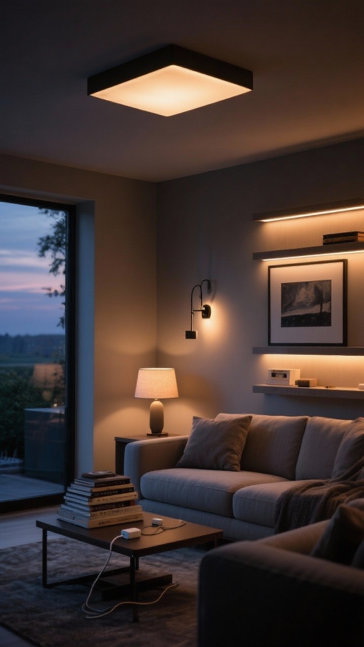 Wide straight-on view: Moody layered lighting in a living room at dusk—ambient from a dimmable ceiling fixture, task light from an articulating sconce by the sofa, and accent from a picture light above artwork and an LED strip softly glowing on built-in shelves; warm 2700–3000K bulbs casting inviting pools of light; soft-shaded table lamp perched on a stack of books; smart plug convenience implied via tidy cord management; cozy, cinematic glow, photorealistic.