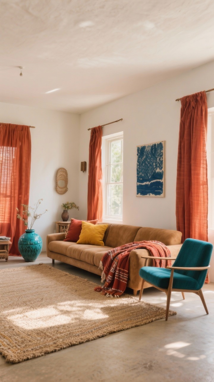 Wide, straight-on view of a boho living room showing the color recipe: 60% neutrals (cream walls, camel-toned large sofa, large neutral jute rug), 30% warm tones (terracotta drapes, rust and saffron throw pillows and blankets), and 10% bold pops (a teal ceramic vase, indigo artwork, and a single standout accent chair in deep teal); patterns kept subtle and colors repeated three times around the room; warm afternoon light with gentle shadows, cohesive and calm mood.