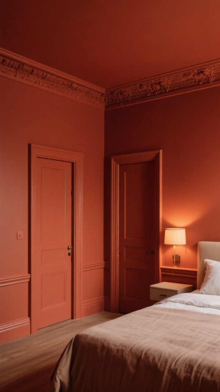 Wide, straight-on view of a fully color-drenched bedroom where walls, baseboards, crown molding, doors, and the ceiling are all painted the same deep terracotta; matte finish on walls and ceiling, subtle satin sheen on trim and doors for slight contrast; low, warm evening ambient lighting to enhance the cocooned, boutique vibe; minimal furnishings in neutral tones to keep focus on the seamless, uninterrupted color envelope; photorealistic with visible finish differences under light.