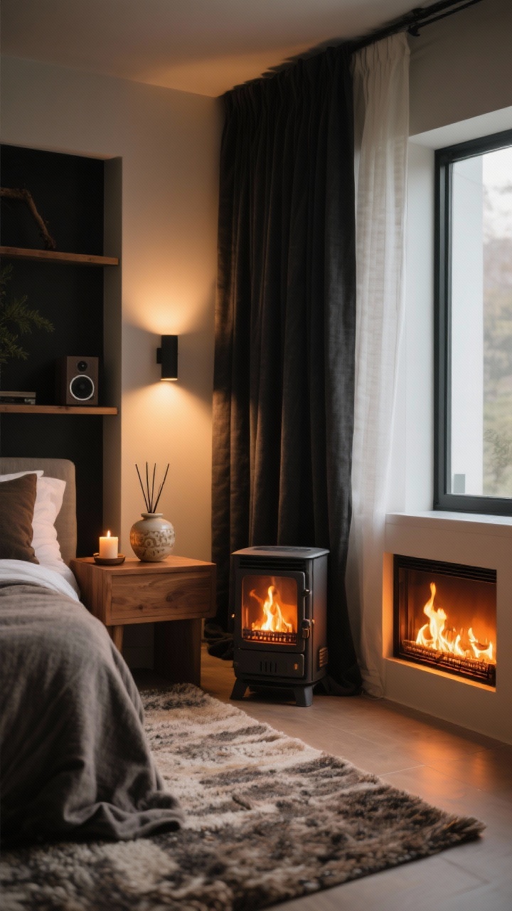 Wide-to-medium atmospheric shot, corner angle: The cozy trifecta in action. A compact stove-style heater or a built-in electric fireplace with convincing flame effect glows warmly, casting light on thick rugs and curtains that soften acoustics. On a nearby nightstand, a ceramic diffuser with cedarwood/fir/sandalwood-vanilla blend and a woodsy candle on a warmer. Subtle cues of soft sound—perhaps a small speaker tucked on a shelf. Blackout linen drapes partially drawn; dimmer-controlled lighting set low and warm. Photorealistic, serene, no people.